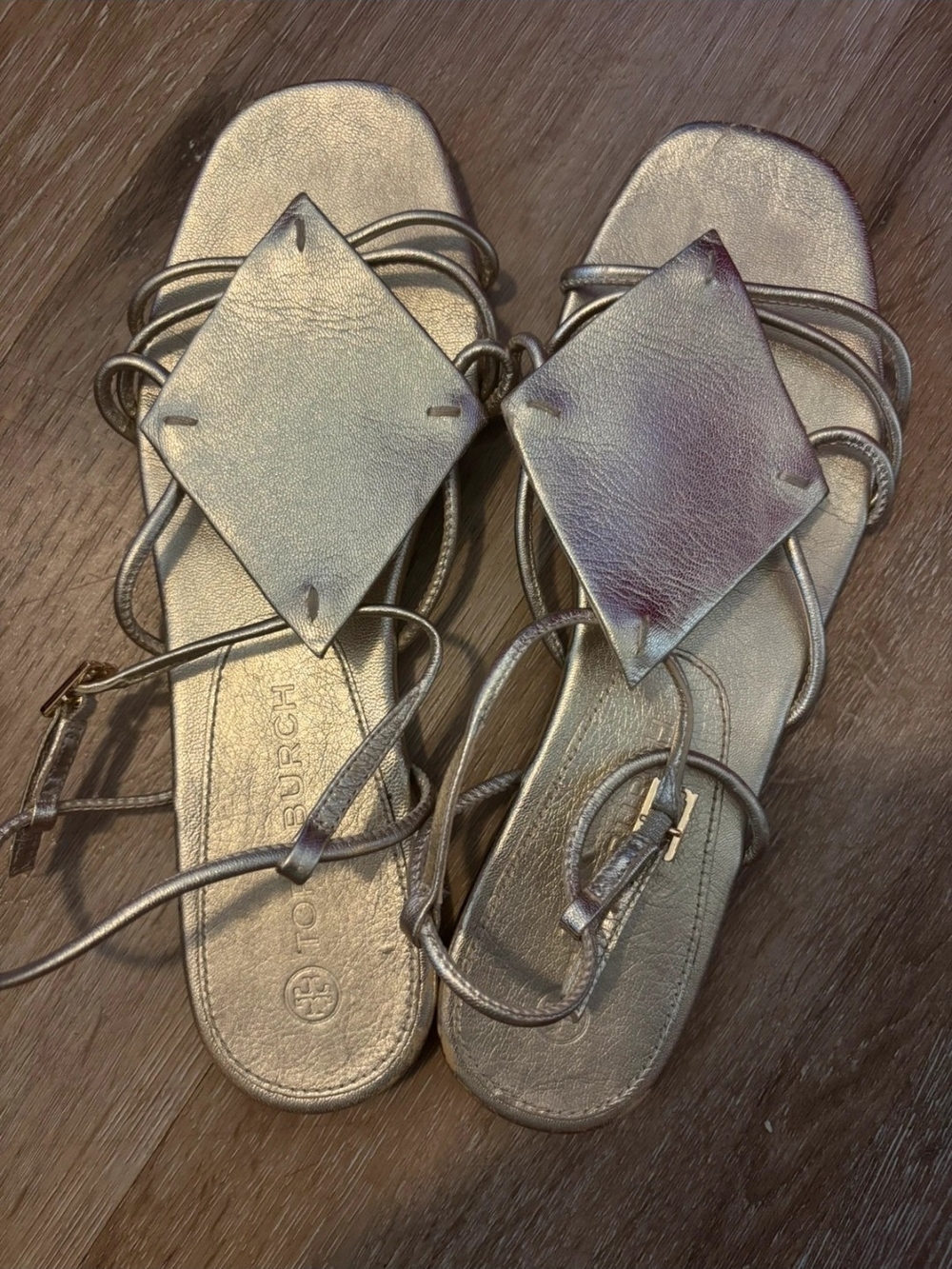 Tory Burch Iridescent Silver Leather Wrap-Strap Sandals
